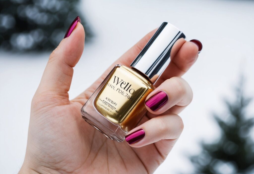 7 Simple Winter Nail Inspo: Fresh Minimalist Ideas for Your Seasonal Manicure 7 A hand holding a metallic gold foil nail polish bottle with a snowy background