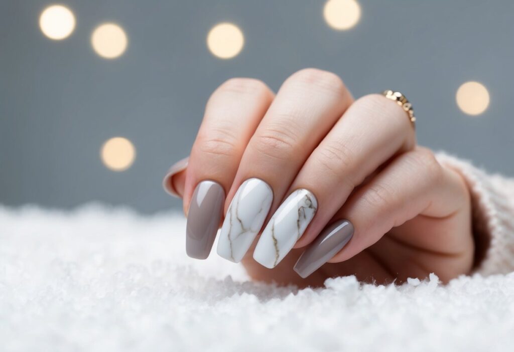 7 Simple Winter Nail Inspo: Fresh Minimalist Ideas for Your Seasonal Manicure 6 A close-up of taupe and white marble nail designs on a simple background, evoking a serene winter atmosphere