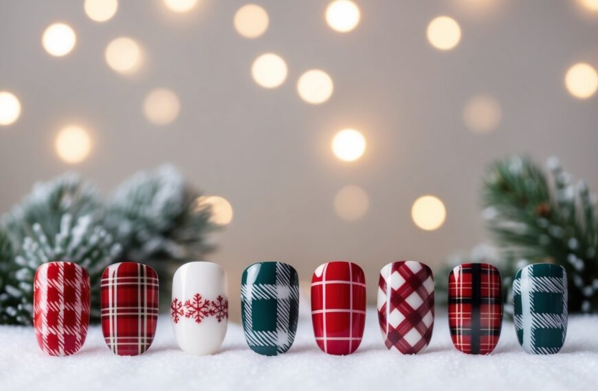 A cozy winter scene with plaid patterned accents on a simple background, perfect for nail art inspiration - simple winter nail inspo