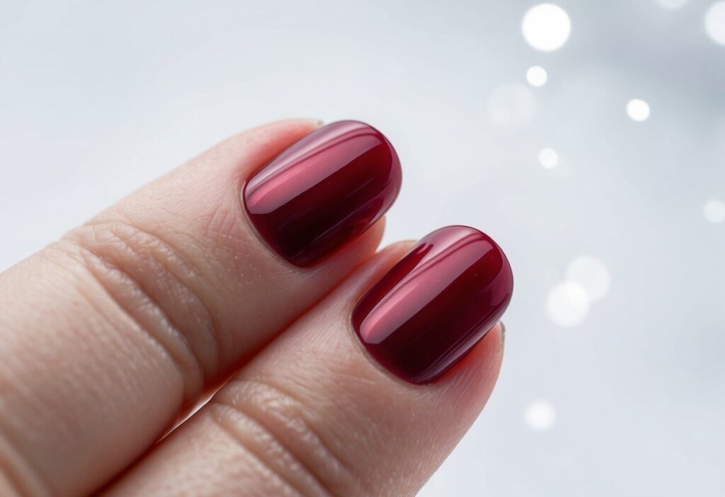 7 Simple Winter Nail Inspo: Fresh Minimalist Ideas for Your Seasonal Manicure 4 A single cranberry red glossy nail against a snowy white background