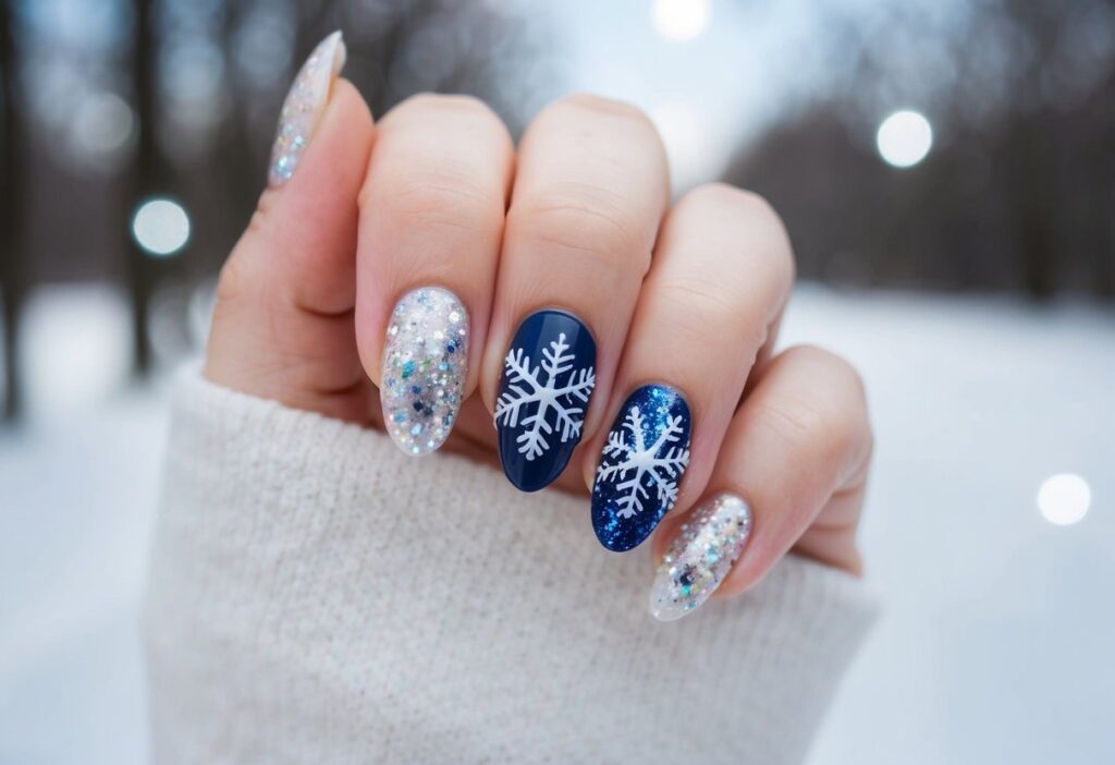 7 Simple Winter Nail Inspo: Fresh Minimalist Ideas for Your Seasonal Manicure 2 A snowflake-themed nail design with glittering accents on a simple winter background