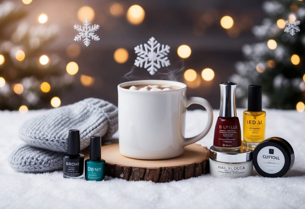 9 Cute Simple Winter Nails: Easy Minimalist Designs to Brighten Your Season 12 A cozy winter scene with snowflakes and mittens, a mug of hot cocoa, and a variety of nail care products like polish, cuticle oil, and hand cream