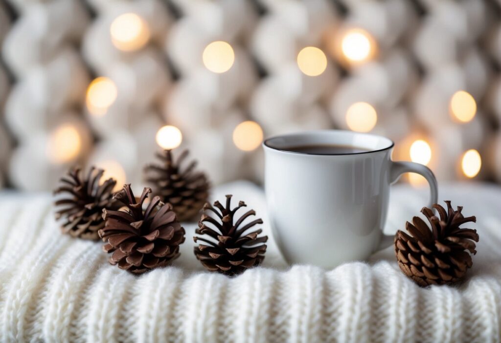 9 Cute Simple Winter Nails: Easy Minimalist Designs to Brighten Your Season 11 A cozy winter scene with snowflakes, pinecones, and a hot mug, all set against a soft, knitted background
