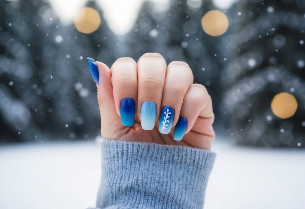 9 Cute Simple Winter Nails: Easy Minimalist Designs to Brighten Your Season 10 A cozy winter scene with ombre blue nails against a snowy backdrop, featuring simple and cute designs