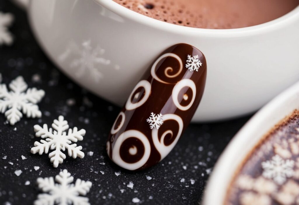 9 Cute Simple Winter Nails: Easy Minimalist Designs to Brighten Your Season 8 A cozy winter scene with chocolate swirls pattern on a cute, simple nail design. Snowflakes and hot cocoa complete the wintery vibe
