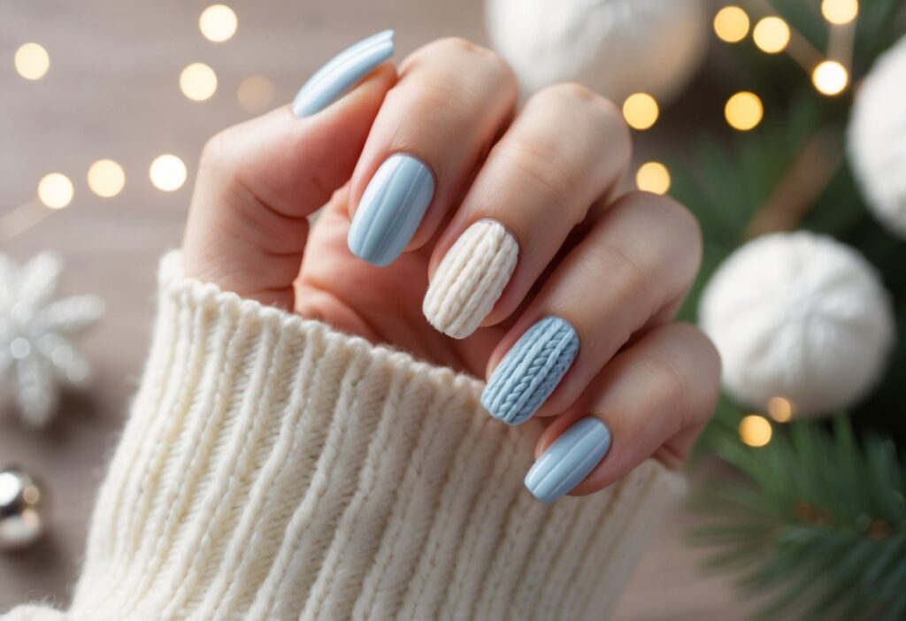 9 Cute Simple Winter Nails: Easy Minimalist Designs to Brighten Your Season 7 A cozy cable knit design in soft winter colors on a set of cute nails