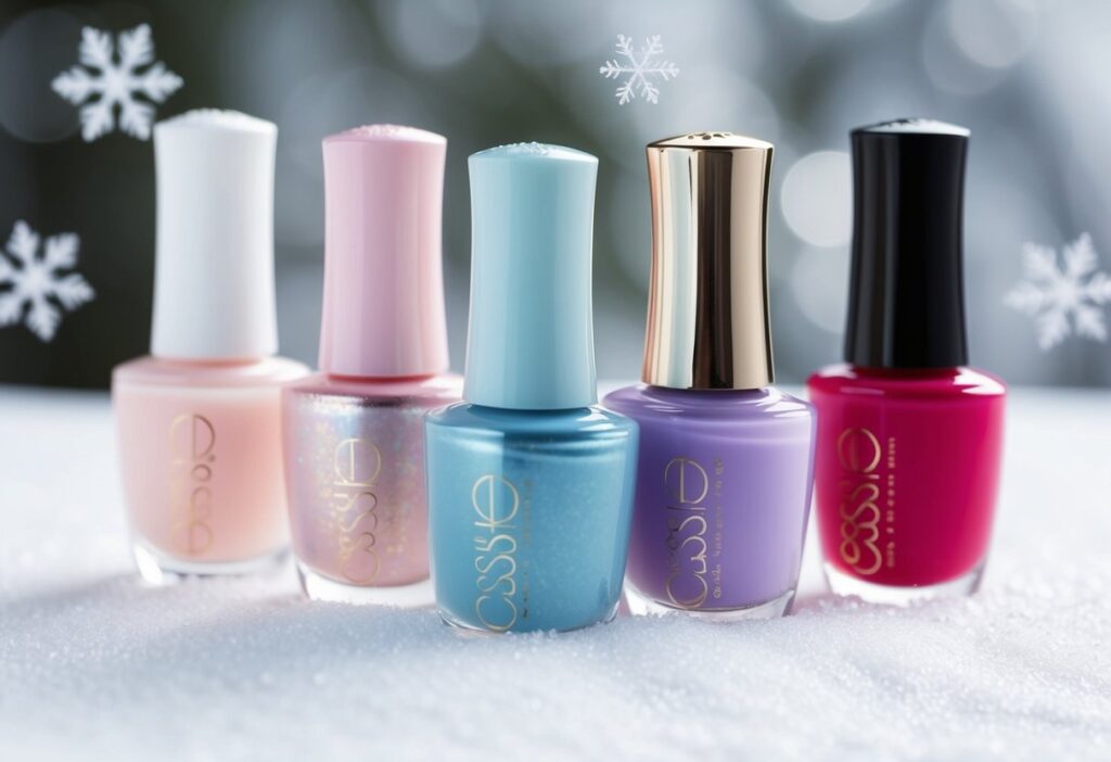 9 Cute Simple Winter Nails: Easy Minimalist Designs to Brighten Your Season 6 Soft pastel nail polish bottles on a snowy white background with delicate snowflakes