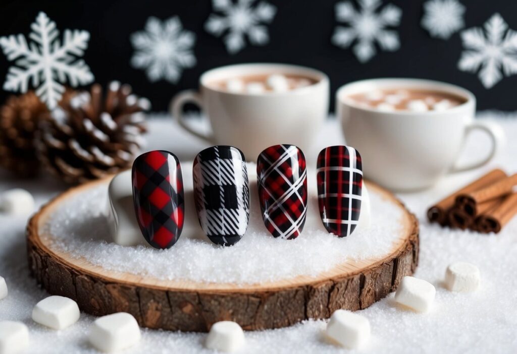 9 Cute Simple Winter Nails: Easy Minimalist Designs to Brighten Your Season 5 A cozy winter scene with plaid patterned nails on display, surrounded by snowflakes and hot cocoa