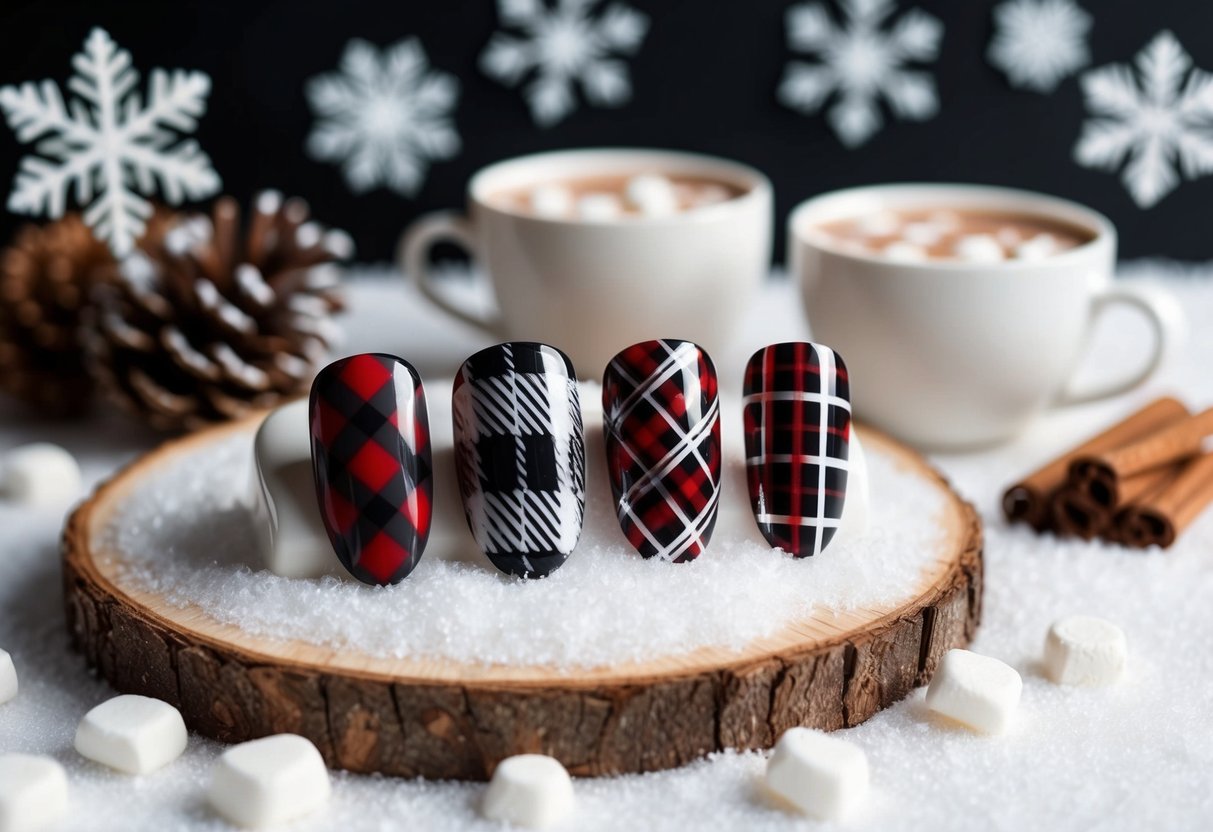 9 Cute Simple Winter Nails: Easy Minimalist Designs to Brighten Your Season 1 A cozy winter scene with plaid patterned nails on display, surrounded by snowflakes and hot cocoa - Cute Simple Winter Nails: Easy Minimalist Designs to Brighten Your Season