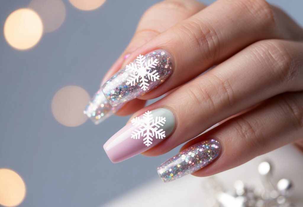 9 Cute Simple Winter Nails: Easy Minimalist Designs to Brighten Your Season 4 Sparkling snowflakes on pastel nails with glitter tips