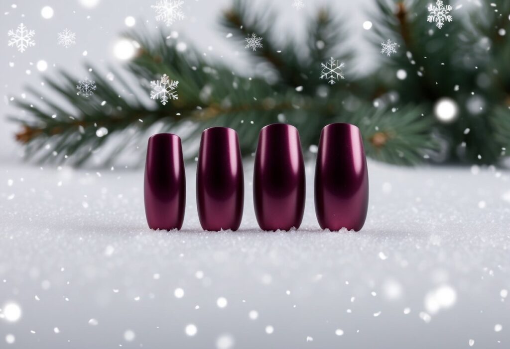 9 Cute Simple Winter Nails: Easy Minimalist Designs to Brighten Your Season 3 A set of nails with a matte burgundy finish, against a simple winter background of snowflakes and pine branches
