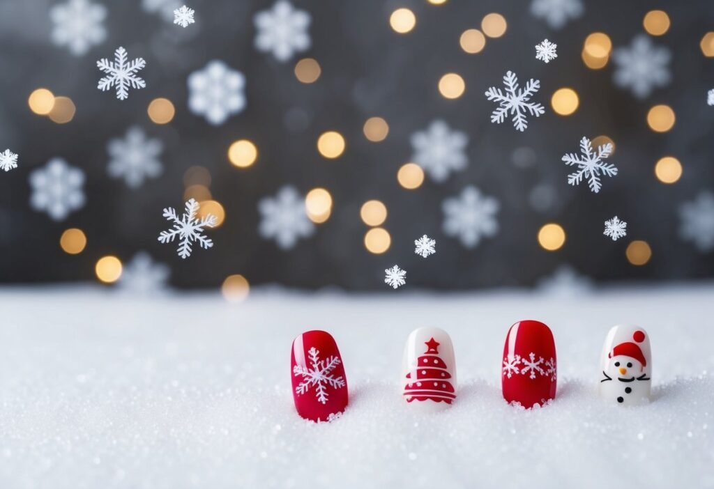 9 Cute Simple Winter Nails: Easy Minimalist Designs to Brighten Your Season 2 A set of nails with a matte burgundy finish, against a simple winter background of snowflakes and pine branches