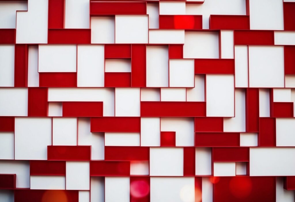 10 Simple Red and White Nail Art Ideas for a Minimalist Style 10 A composition of simple red and white geometric shapes arranged in an abstract pattern