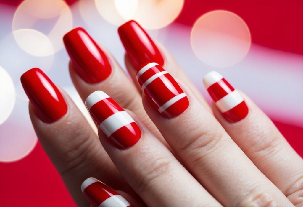 10 Simple Red and White Nail Art Ideas for a Minimalist Style 3 A close-up of ten candy cane-striped nails in simple red and white