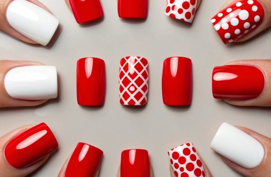 A close-up of ten simple red and white nail art designs on a neutral background - simple red and white nail art