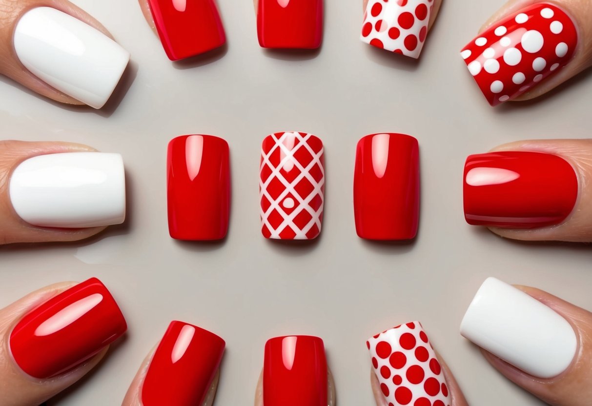10 Simple Red and White Nail Art Ideas for a Minimalist Style 1 A close-up of ten simple red and white nail art designs on a neutral background - simple red and white nail art