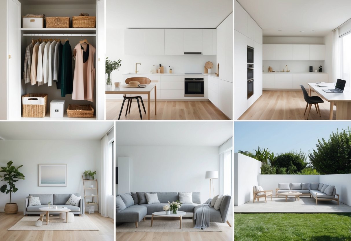 5 Ways to Become a Future Minimalist: Simplify Your Life for Lasting Fulfillment 1 A clutter-free workspace with only essential items, a capsule wardrobe hanging neatly in a closet, a simple and organized kitchen with minimal appliances, a serene and uncluttered living room with functional furniture, and a peaceful outdoor space with clean lines and natural elements