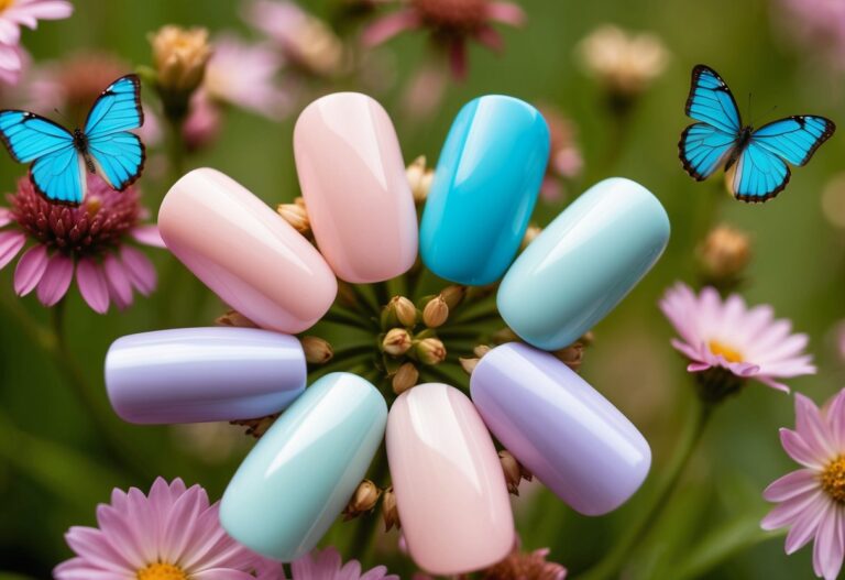 Spring Simple Nails: 5 Easy Designs for a Fresh Look 1 Seven pastel-colored nails surrounded by flowers and butterflies
