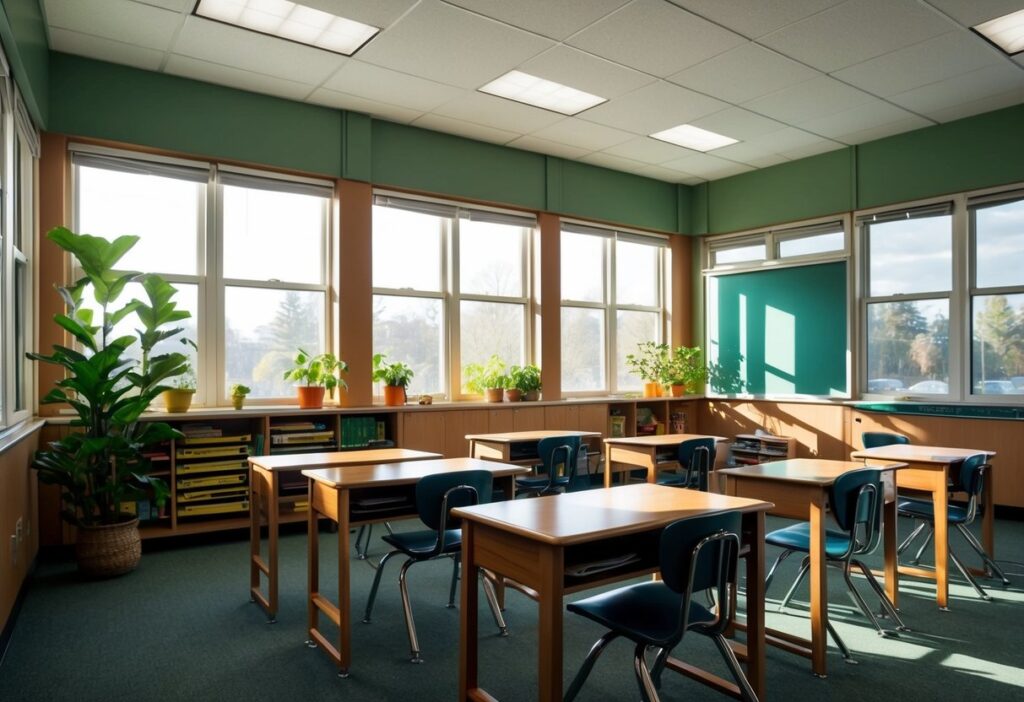Top 5 Minimalist Middle School Classroom Examples for Effective Learning Spaces 3 A middle school classroom with earthy tones, natural wood furniture, green plants, and soft sunlight filtering in through large windows