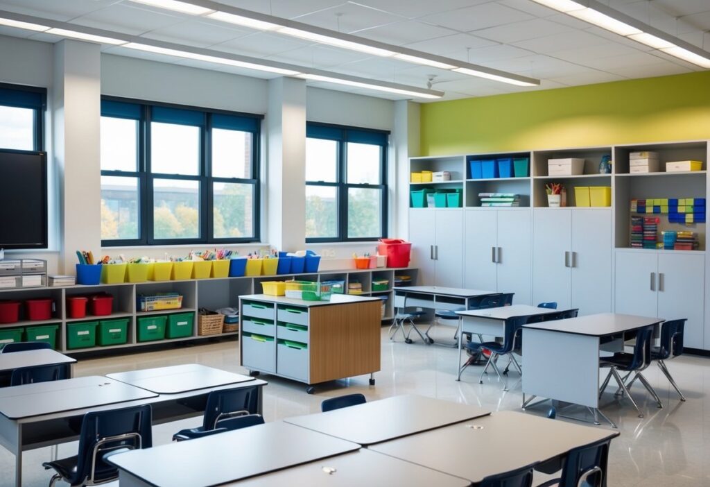 Top 5 Minimalist Middle School Classroom Examples for Effective Learning Spaces 4 A spacious middle school classroom with sleek, multi-functional storage solutions, including minimalist shelves, bins, and cabinets neatly organizing supplies and materials
