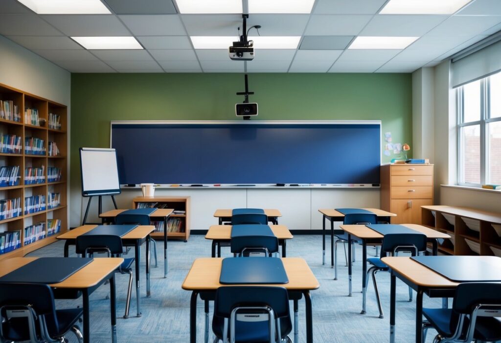 Top 5 Minimalist Middle School Classroom Examples for Effective Learning Spaces 5 A minimalist middle school classroom with interactive digital whiteboard, desks, chairs, bookshelves, and a teacher's desk