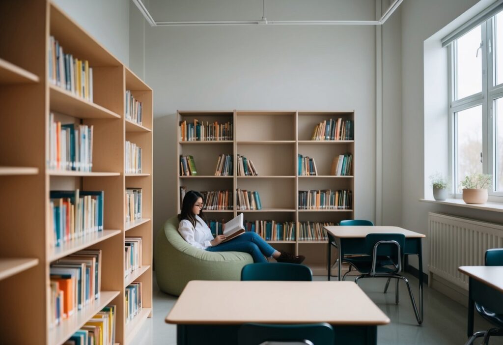 Top 5 Minimalist Middle School Classroom Examples for Effective Learning Spaces 6 A cozy reading nook in a minimalist middle school classroom with simple bookshelves, soft lighting, and comfortable seating