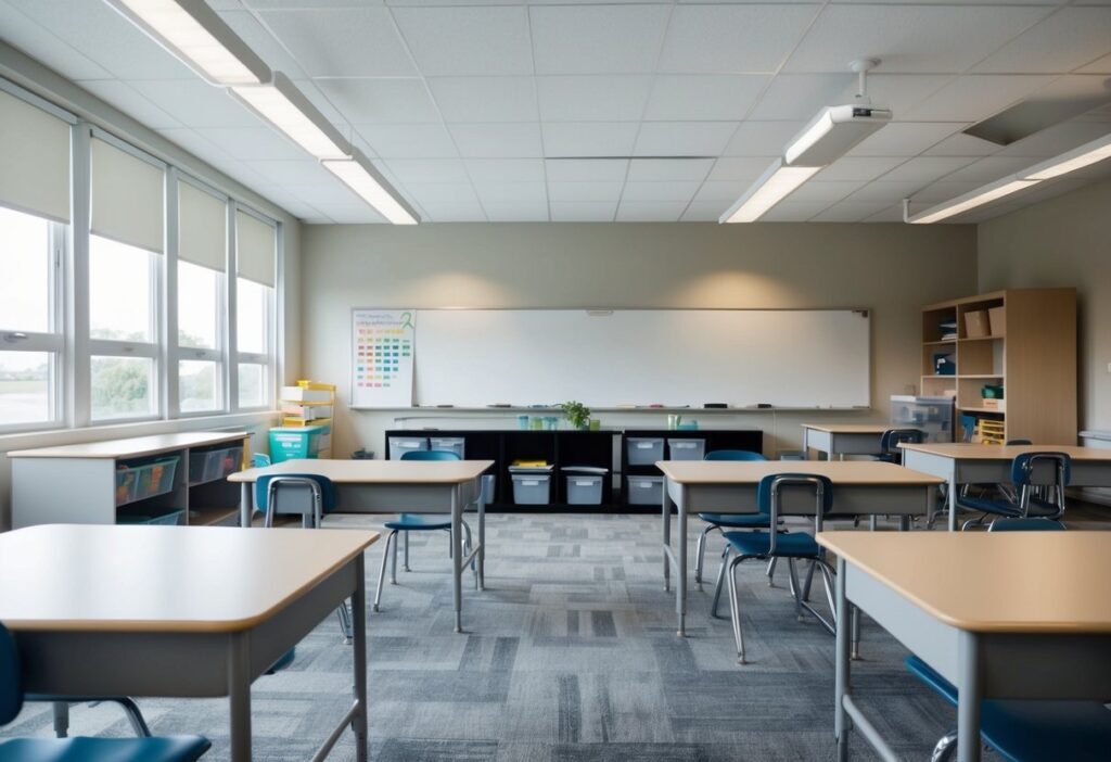 Top 5 Minimalist Middle School Classroom Examples for Effective Learning Spaces 7 A spacious, clutter-free classroom with simple desks, chairs, and storage. Neutral colors, natural light, and minimal decorations create a calm, focused atmosphere