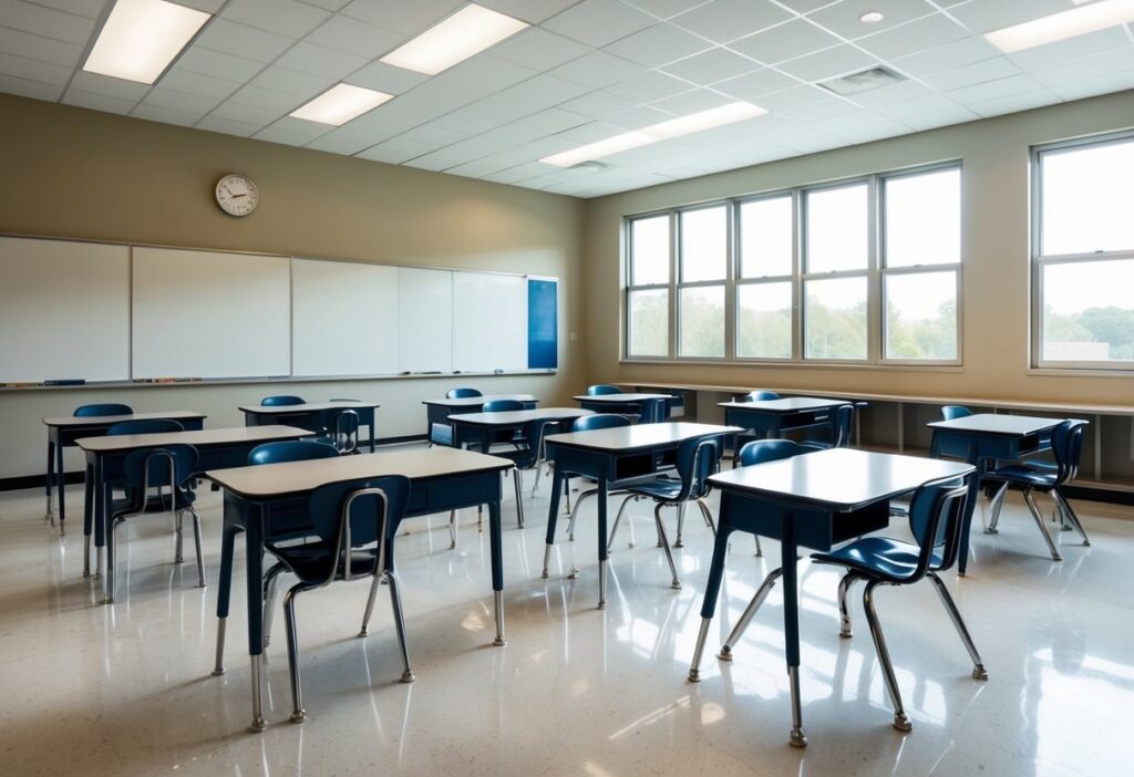 Top 5 Minimalist Middle School Classroom Examples for Effective Learning Spaces 8 A spacious, clutter-free classroom with simple desks, chairs, and storage. Neutral colors, natural light, and minimal decorations create a calm, focused atmosphere - the perfect idea of minimalist middle school classroom examples