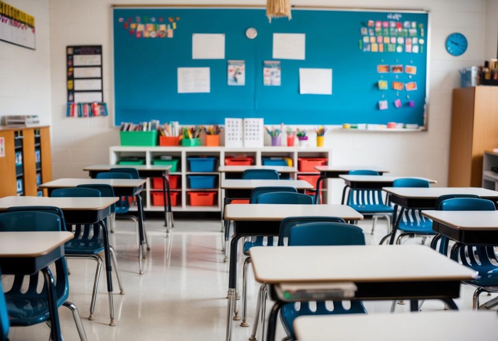 Top 5 Minimalist Middle School Classroom Examples for Effective Learning Spaces 9 A middle school classroom with simple desks, few decorations, clean white walls, and organized supplies