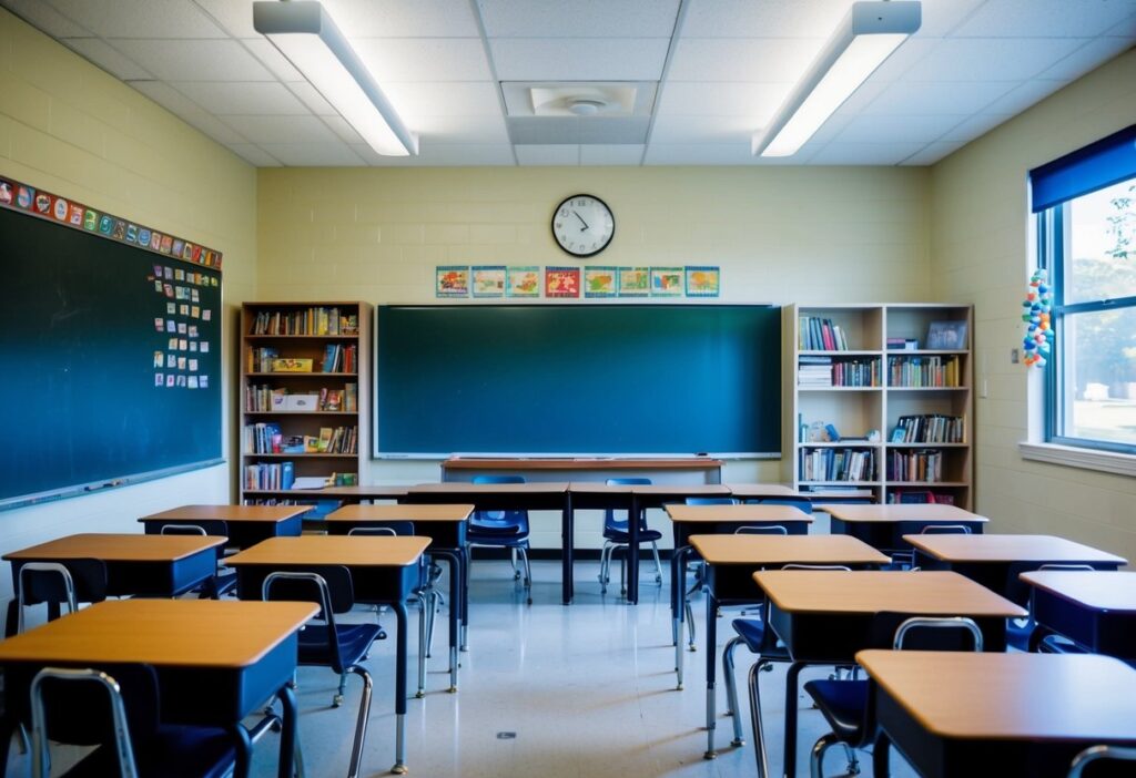 Top 5 Minimalist Middle School Classroom Examples for Effective Learning Spaces 10 A middle school classroom with simple desks, chairs, bookshelves, and a few educational posters on the walls