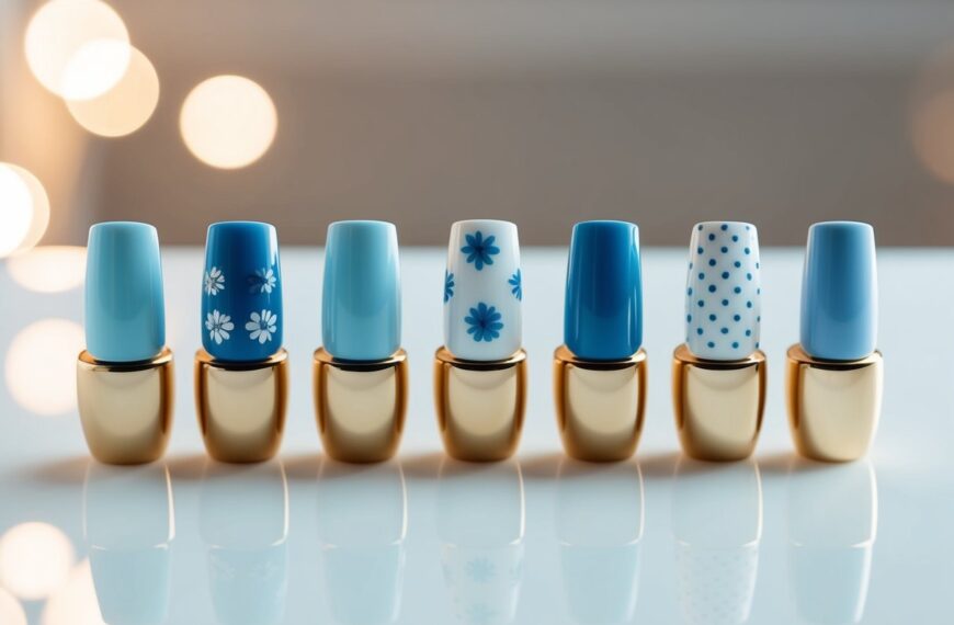 87 A collection of seven baby blue nail designs displayed on a clean, white surface with soft, natural lighting