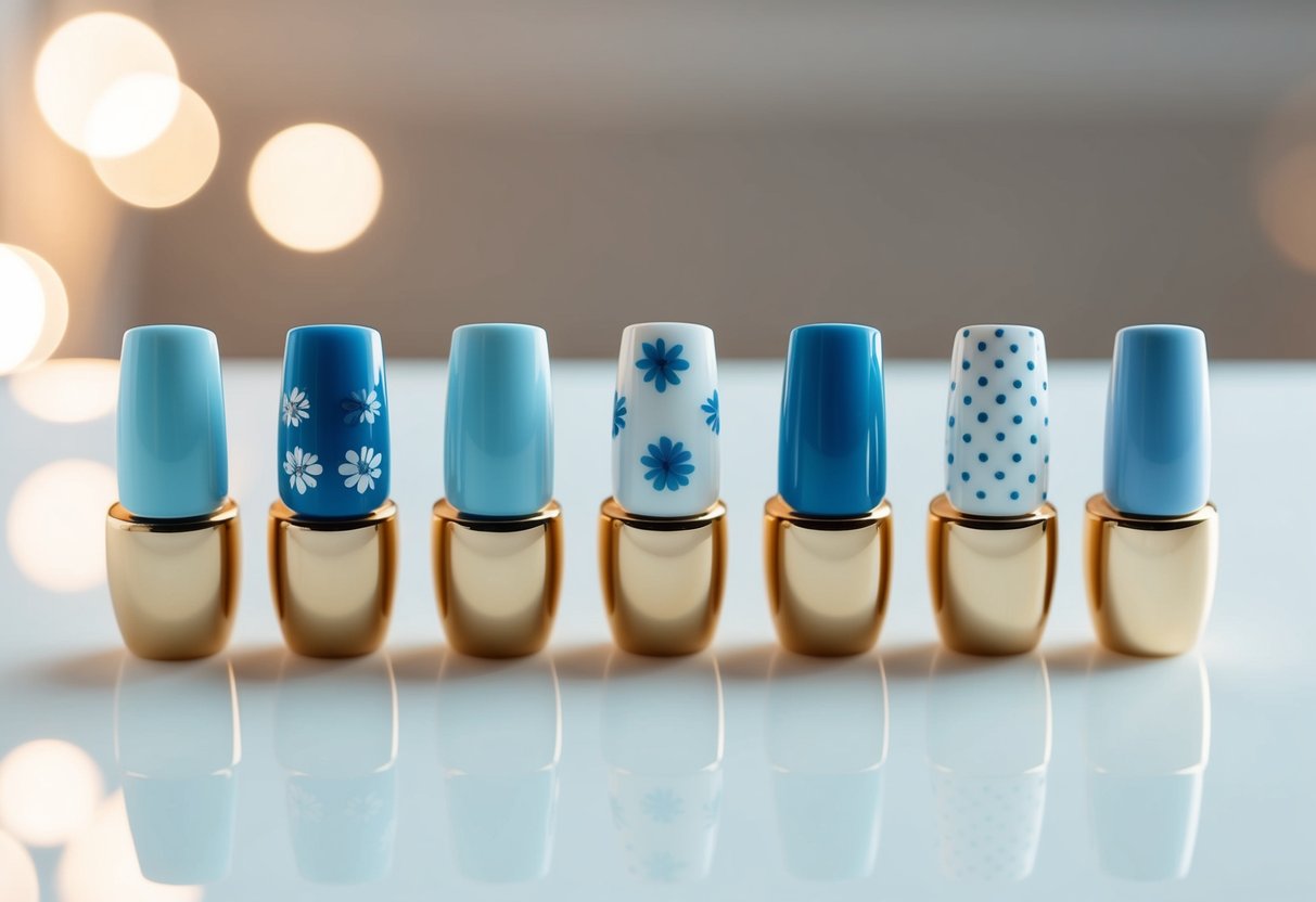 7 Baby Blue Nail Ideas to Elevate Your Minimalism Style 1 A collection of seven baby blue nail designs displayed on a clean, white surface with soft, natural lighting