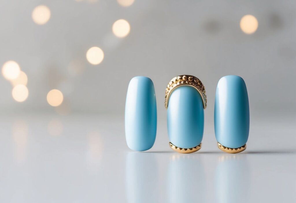 7 Baby Blue Nail Ideas to Elevate Your Minimalism Style 4 Matte baby blue nails with gold accents displayed on a clean, minimalistic background