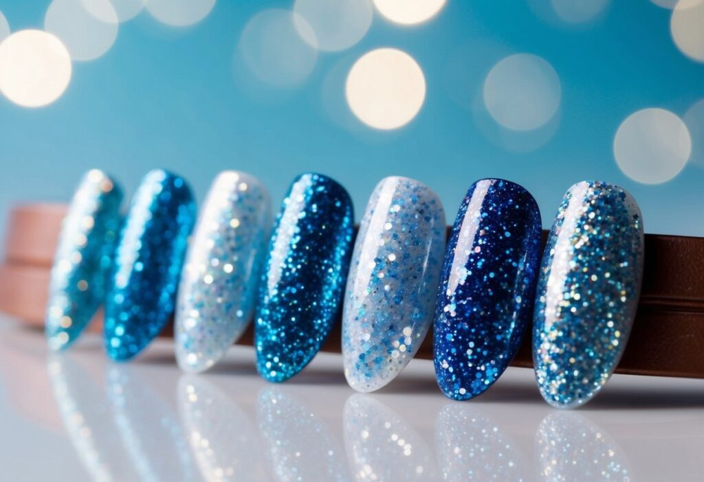 7 Baby Blue Nail Ideas to Elevate Your Minimalism Style 7 A soft, baby blue and white striped background with seven different shades of baby blue nail polish arranged in a pleasing composition