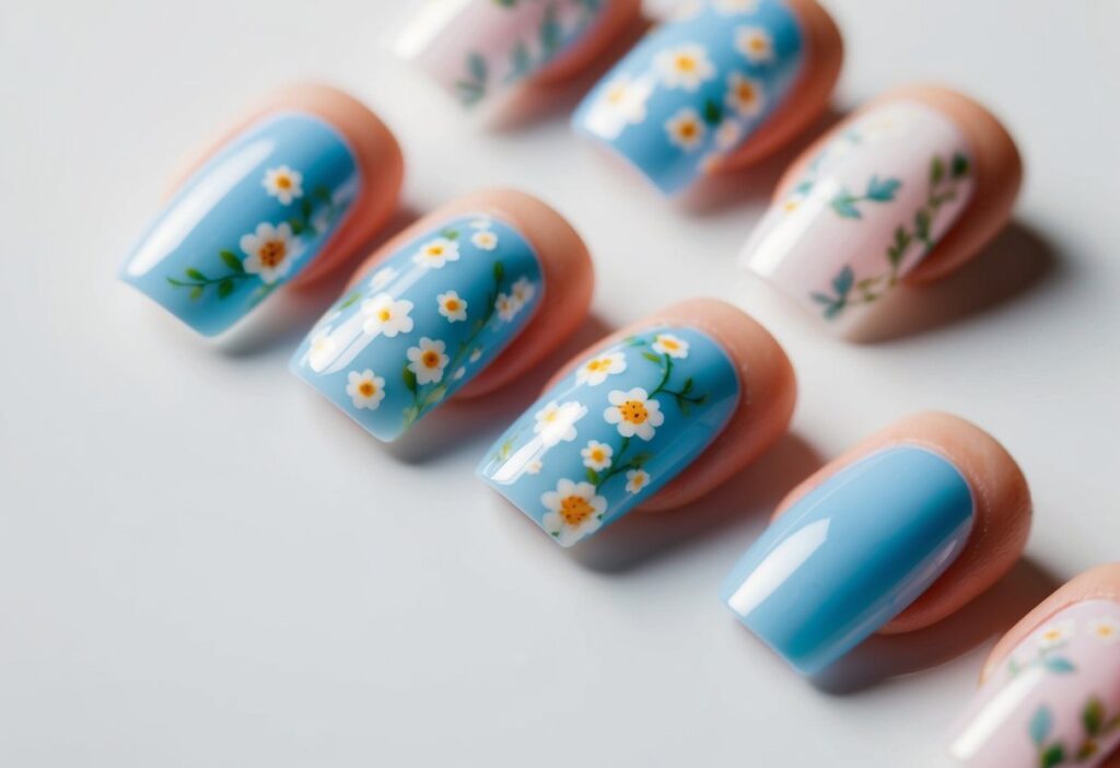 7 Baby Blue Nail Ideas to Elevate Your Minimalism Style 8 Seven pastel baby blue nails with delicate floral patterns on a clean, white background