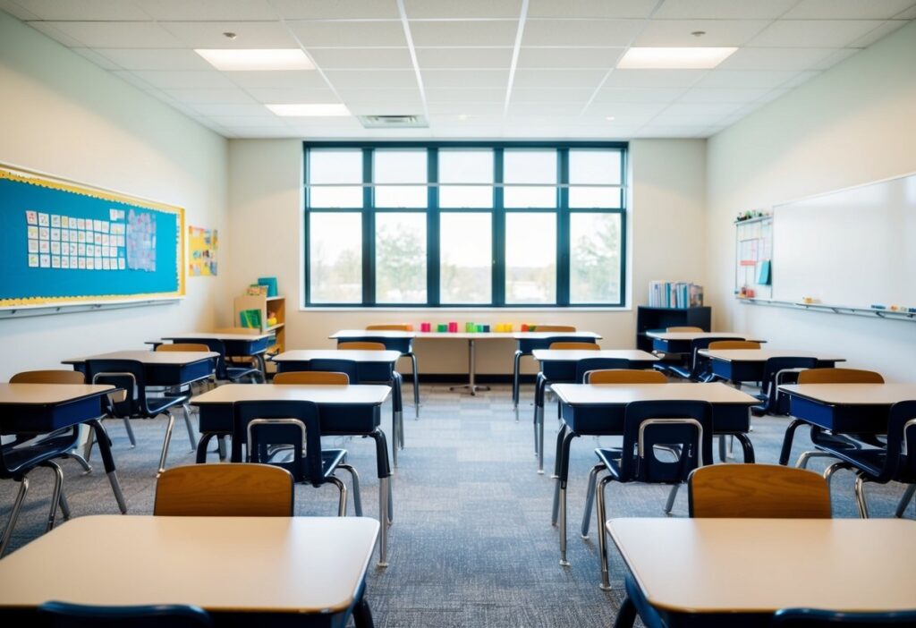Top 5 Minimalist Middle School Classroom Examples for Effective Learning Spaces 2 A middle school classroom with adjustable desks and chairs arranged in various configurations. Bright, open space with minimalistic decor